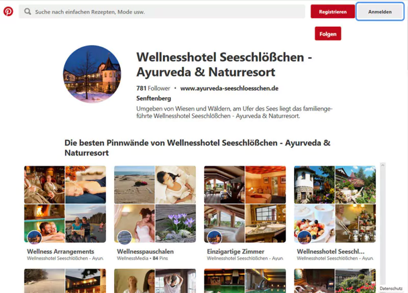 Beispiel: Pinterest-Profil des Wellnesshotel Seeschlößchen